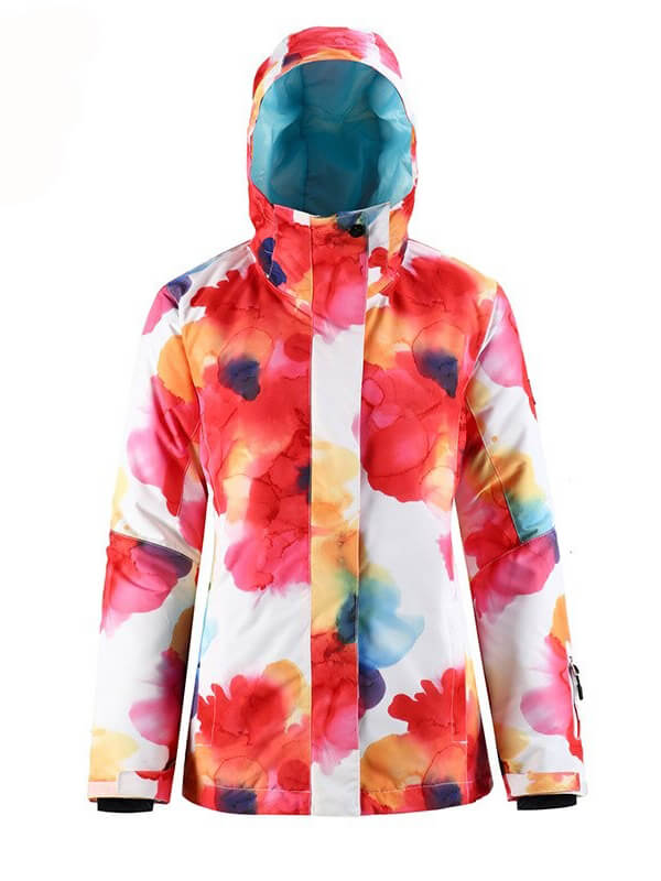 Colorful floral waterproof jacket for women, perfect for skiing and snowboarding, with hooded collar for warmth and weather resistance.